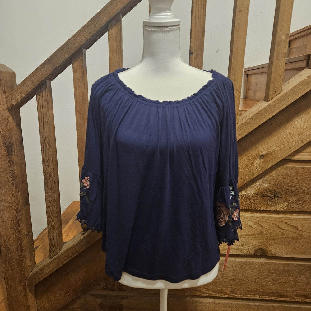 Xhilaration Dark Blue Blouse with Floral Sleeves